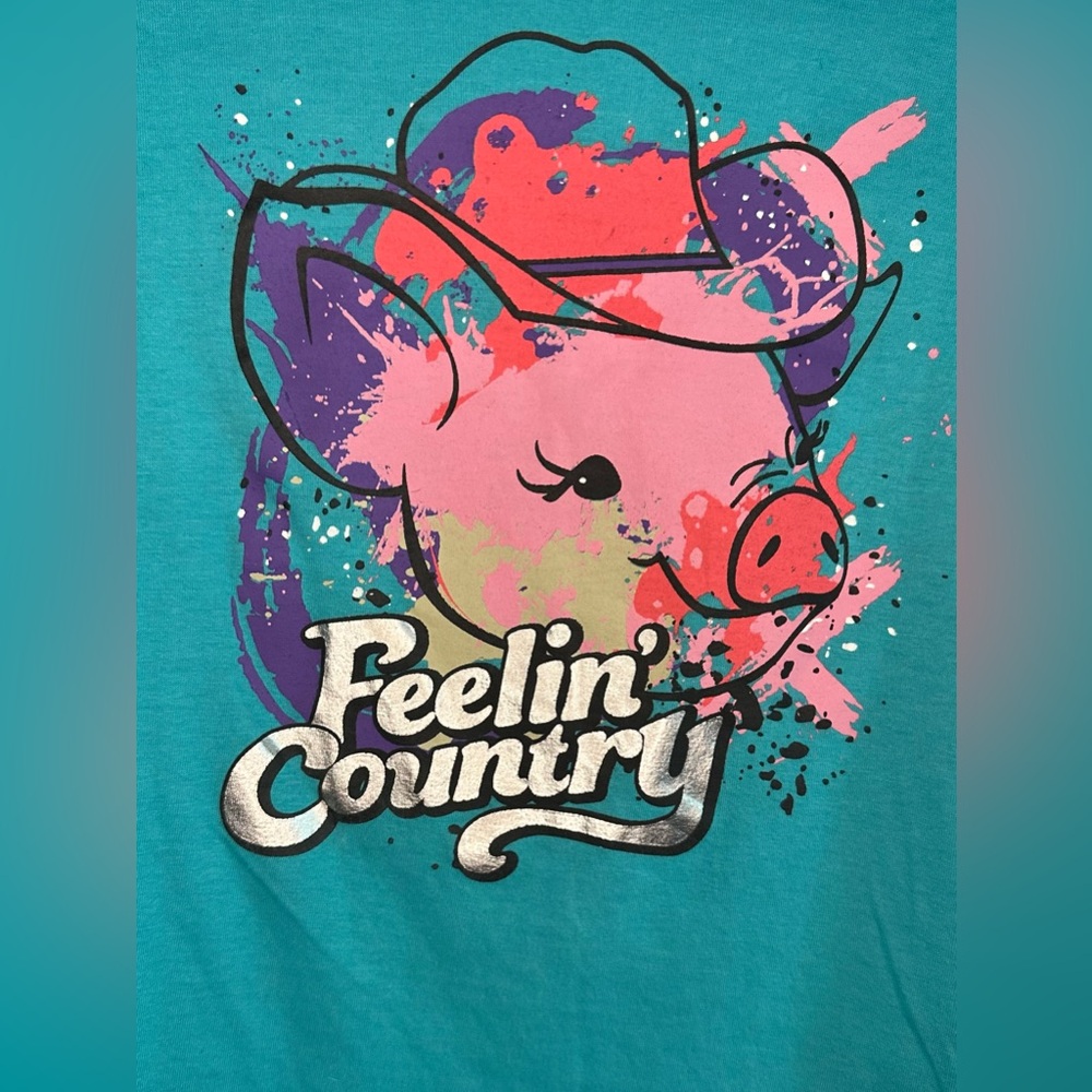 Rock & Roll Cowgirl Teal Long Sleeve Tee with Pink Pig Design